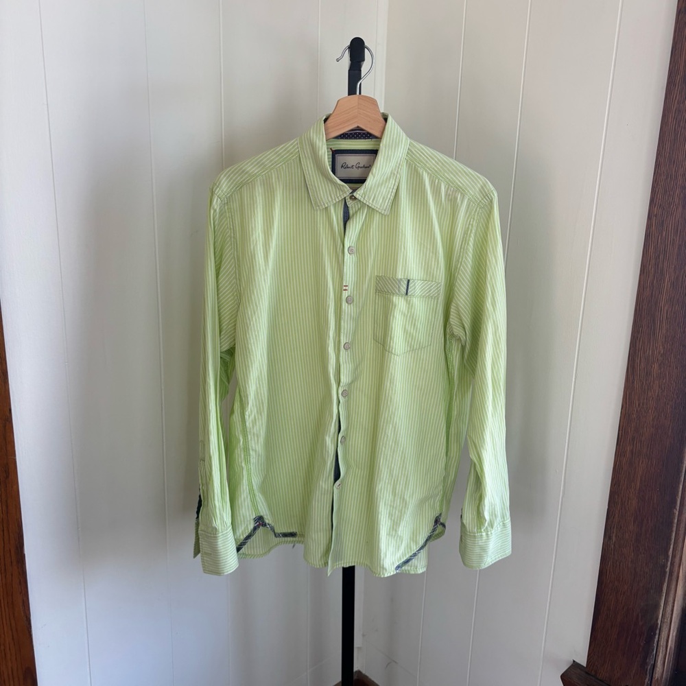 Robert Graham Lime Green and White Striped Casual Button-Down Shirt